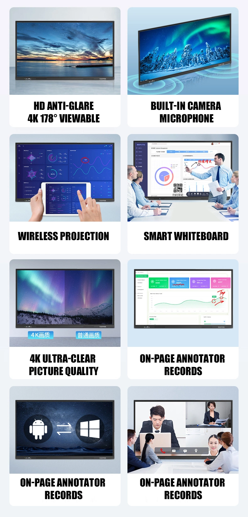 Dual OS Android / X86 Windows Capacitive or Infrared Touch Screen Interactive Whiteboard Classroom Teaching 55"65"75"86"98"110"Inch Smart Board